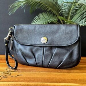 Coach black leather wristlet/clutch with chrome finishes